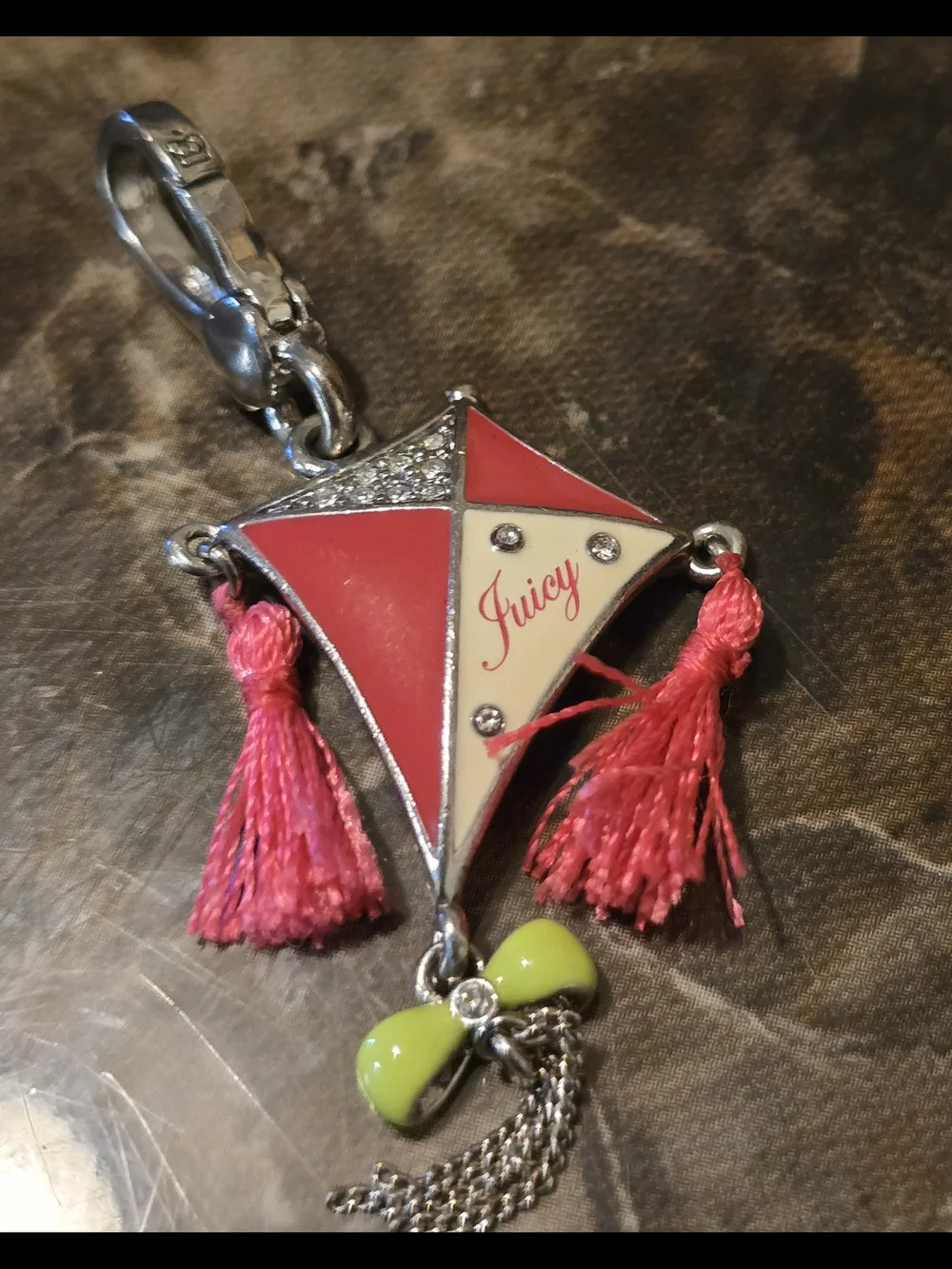 Juicy Couture Pink and Cream Kite Tassel Key Charm with Lime Bow